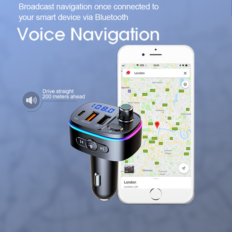 Bluetooth 5.0 Car Wireless FM Transmitter Adapter Handsfree QC3.0 USB PD Charger