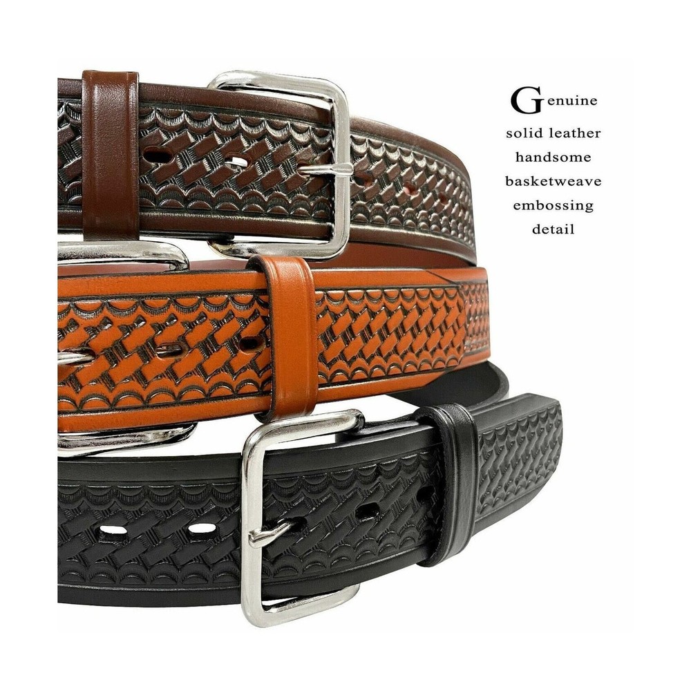 Utility Uniform Work Belt Basketweave Embossed One Piece Full Grain Belt 1-3/...