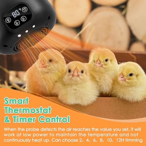 Chicken Coop Heater with LED Lighting, Adjustable Temperature, Timer & 1