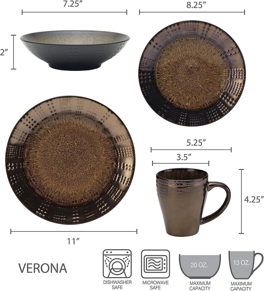 16 Piece Complete Dinnerware Set by Verona Service for 4 Dishware Tableware Set