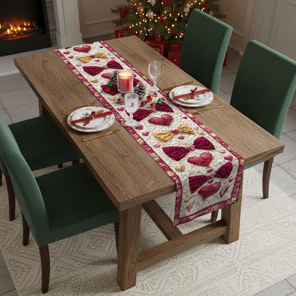 Romantic Bow Heart Quilted Table Runner Valentine Dining Room Decor Couples Gift
