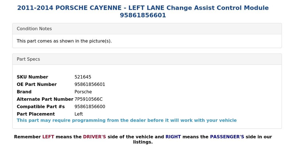 2011-2014 PORSCHE CAYENNE - LEFT LANE Change Assist Control Module 95861856601