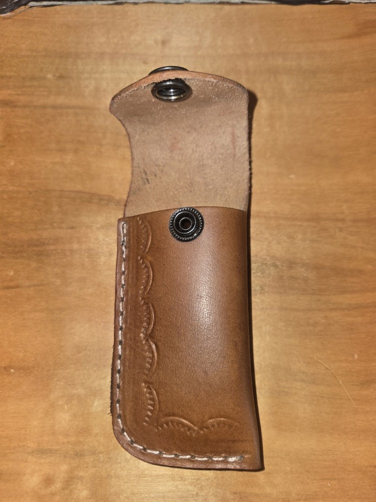 Damascus Blade Walnut Stag Handle Folding Pocket Knife With Leather Sheath
