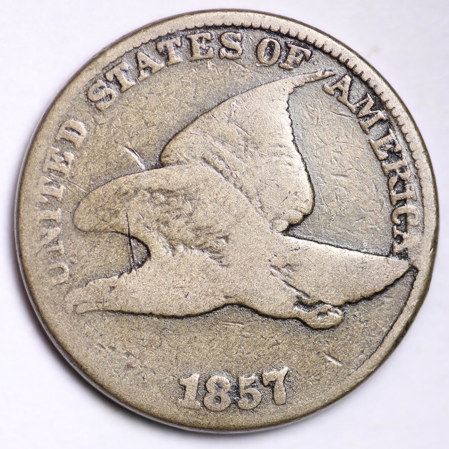 1857 CLASHED DIE ERROR CUD Flying Eagle Small Cent CHOICE VG+ FREE P/H E399 AET
