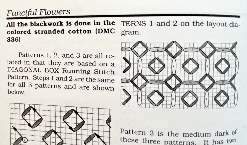 Friends in Needlework Fanciful Flowers drawn thread/fabric and blackwork pattern