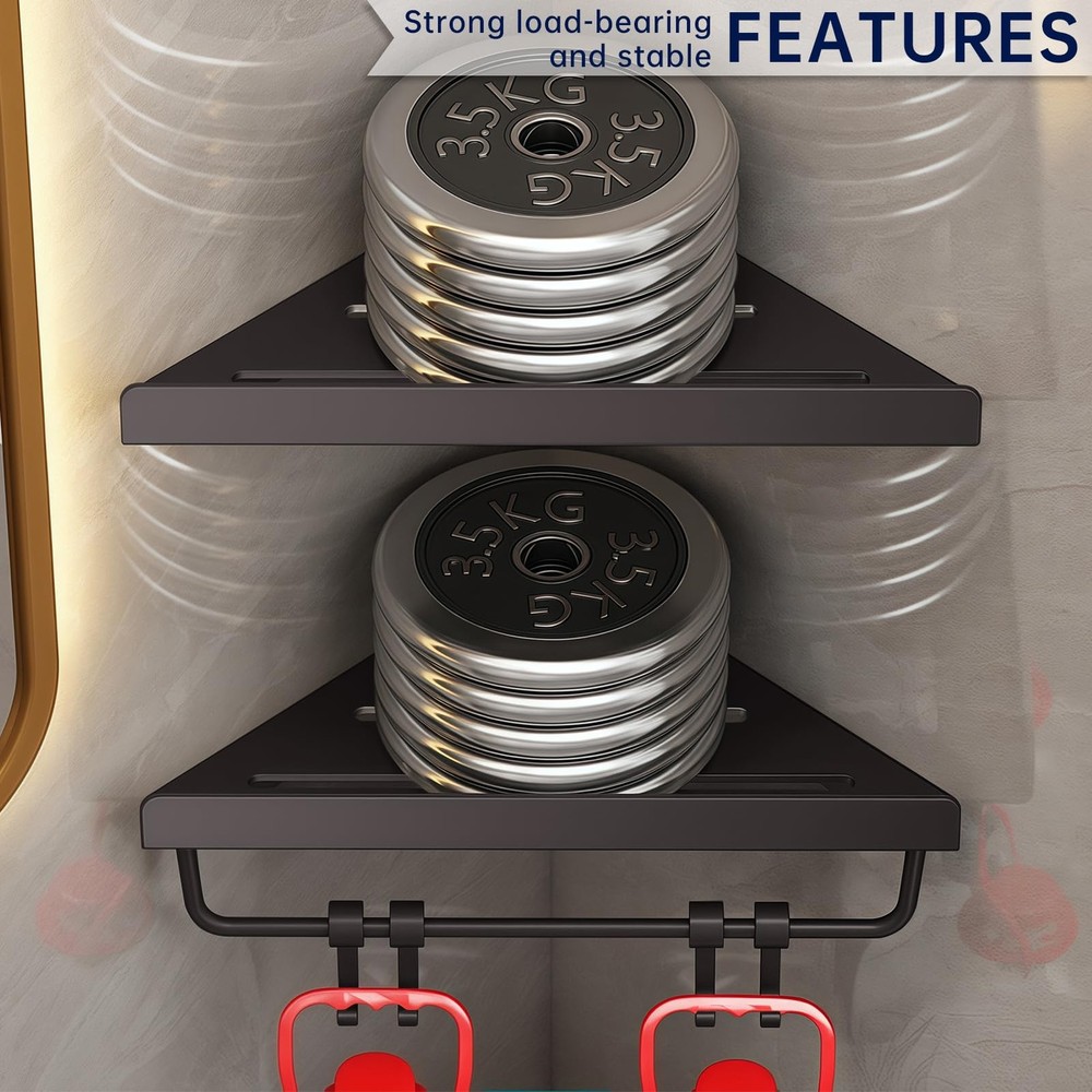 2 Pack Black 2Layer Bathroom Corner Shower Caddy Shelves 4 Hooks Rust Proof