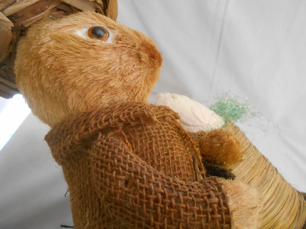 vintage naturel materials crafted easter bunny rabbit basket w embroidered eggs