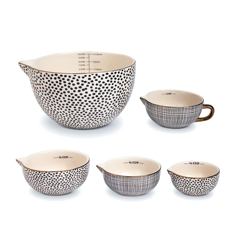 5 Piece Ceramic Mixing Bowl Set Measuring Cups Dot Pattern Kitchen Tools New