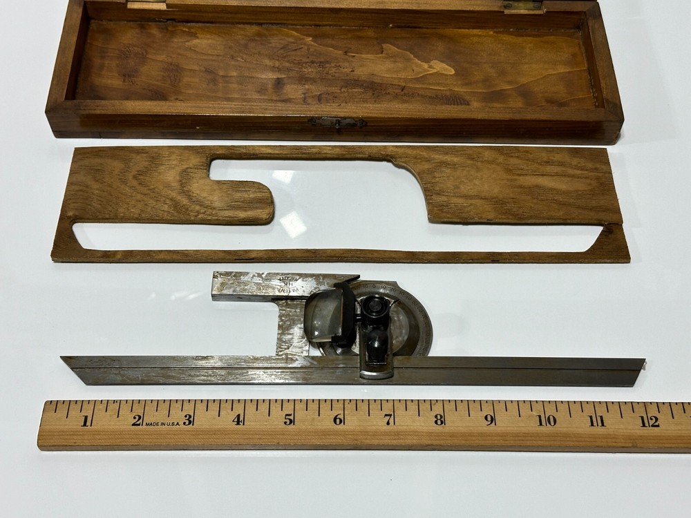 HK Tools Universal Bevel Protractor w/ Magnifying Glass & Wood Case, Rare