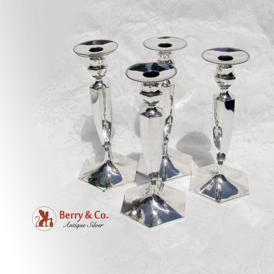 Tall Hexagonal Beaded Candlesticks 4 Pcs Sterling Silver 1894 Roger Williams