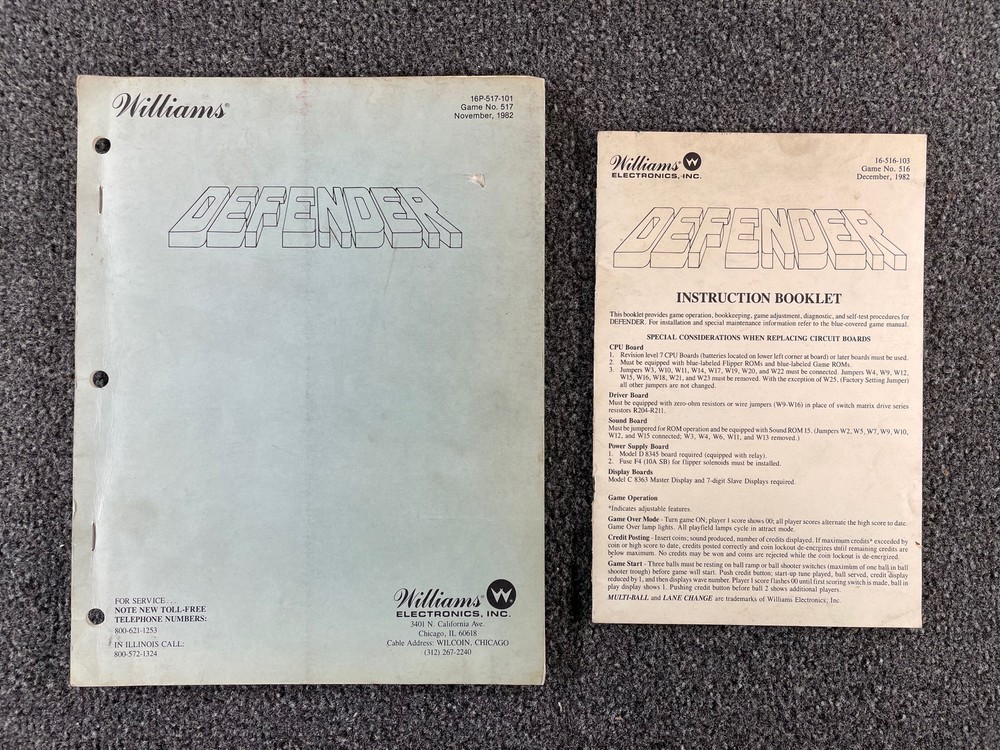 Williams Defender Pinball Machine Game Manual Schematics Handbook COMBO ORIGINAL