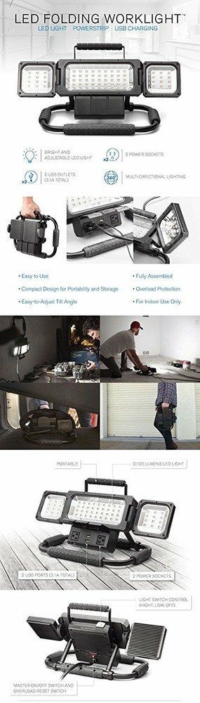 2100 Lumens LED Panel Folding Work Light with AC USB Power Strip Mountable