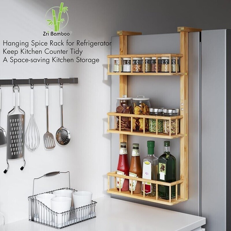 Hanging Spice Rack Bamboo 3 Tier Kitchen Organizer Refrigerator & Pantry Storage