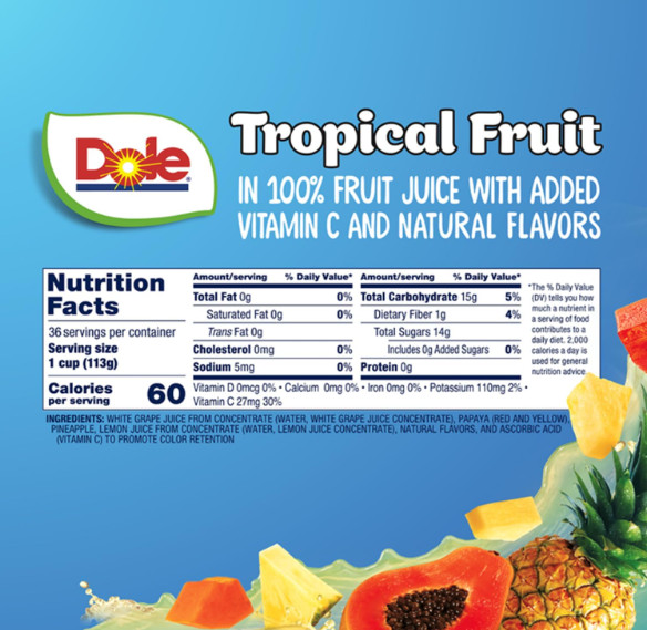 Dole Tropical Fruit In 100% Juice, 4 Ounce, 36 Per Case