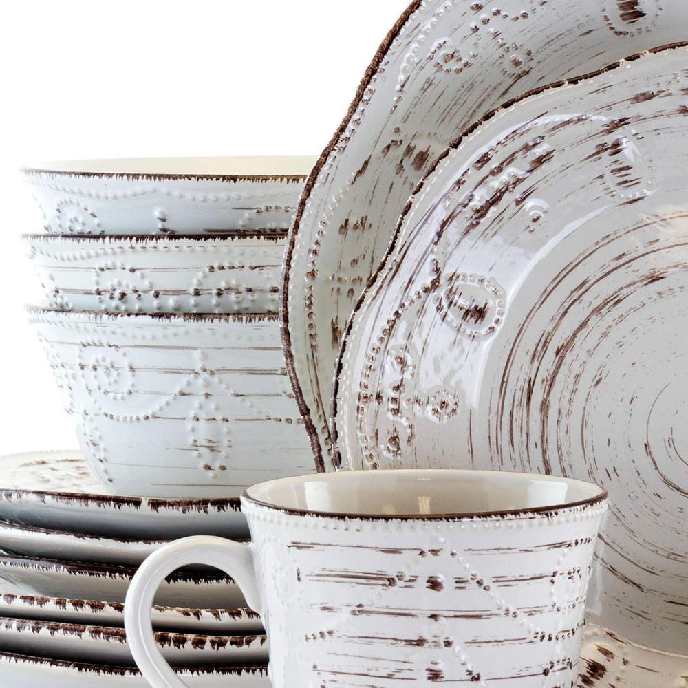 Rustic Birch 16 Piece Embossed Scalloped Stoneware round Dinnerware Set in White