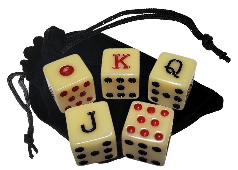 Spanish Poker Dice Bone Tone w/Pouch + Real Leather Grey Compact Cup Red Lining