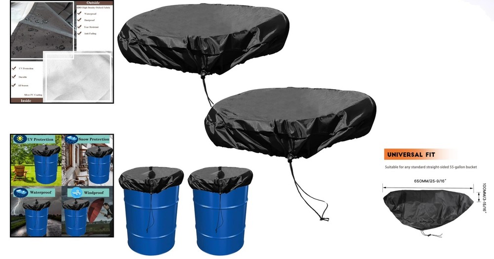 Universal 55 Gallon Drum Cover with Drawstring - UV-Resistant Waterproof Fabric