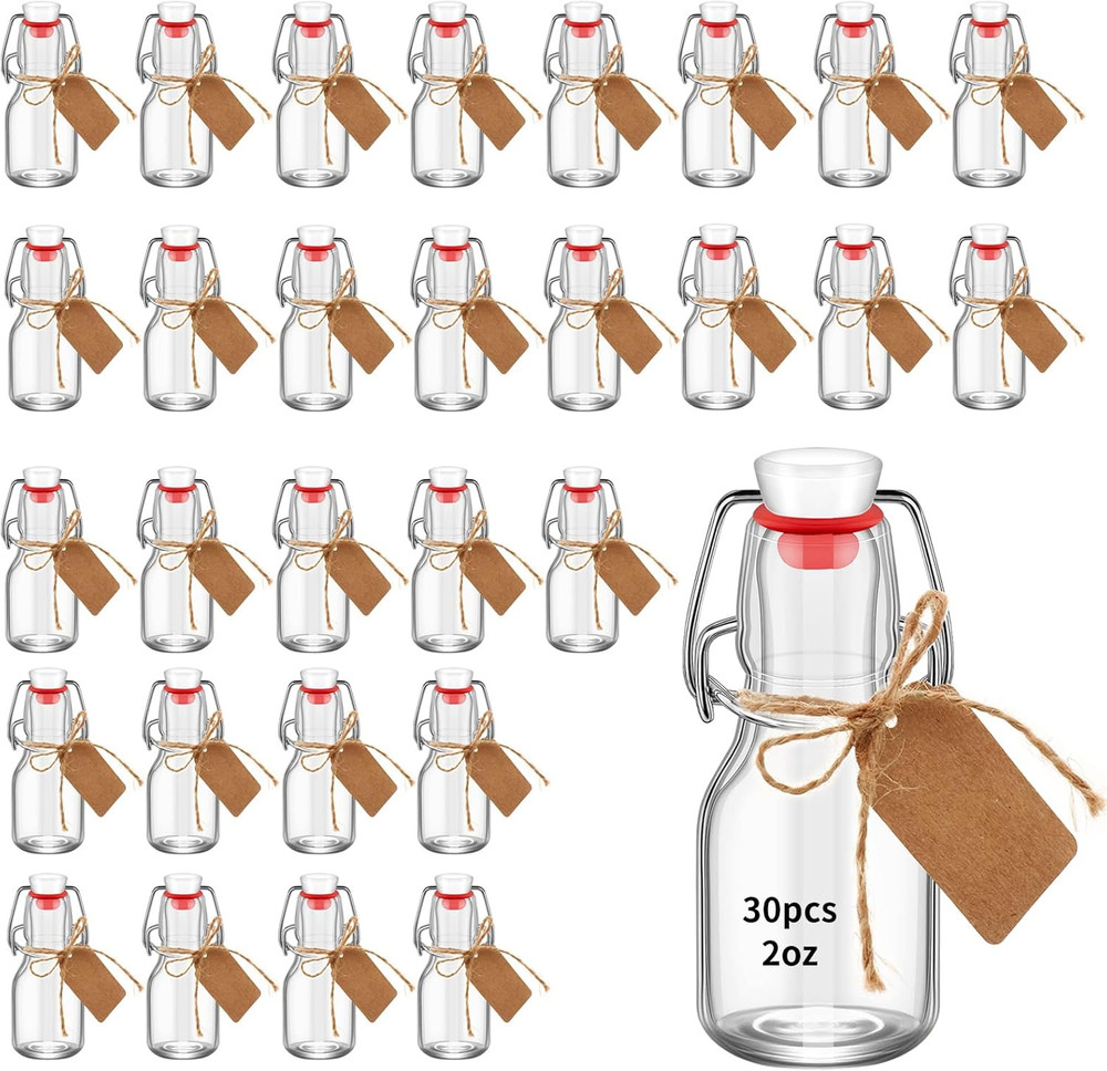 30Pack Mini Swing Top Glass Bottles, 2 Oz Mini Storage Bottles with Personalized