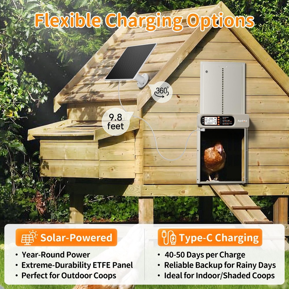 Automatic Chicken Coop Door Solar Powered with Timer, Light Sensor, Remote Contr