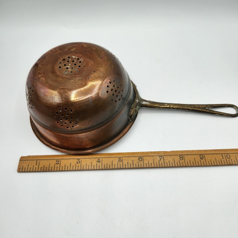 Small Vintage Copper Colander with Brass Handle