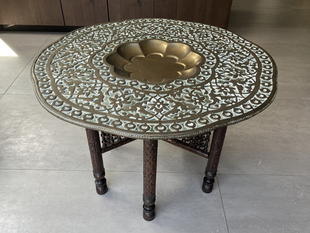 Antique Indian Benares Folding Side Table with Dished Brass Tray