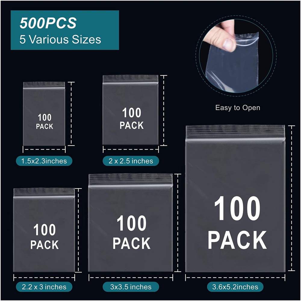 500 Pcs Small Plastic Bags, Bag, Mini Baggies, Mixed Size, Clear