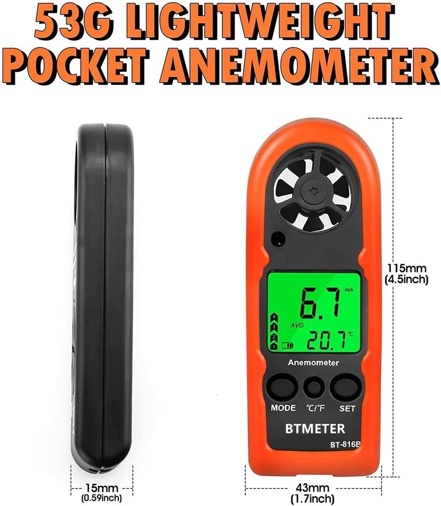 Anemometer Handheld Wind Speed Meter, BT-816B Mini Digital Air Flow Meter wit...
