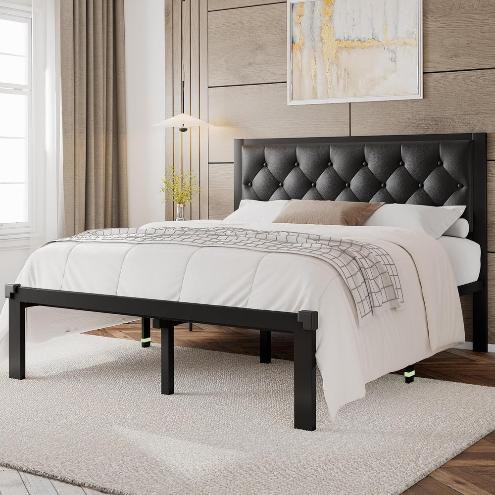 Queen Size Metal Bed Frame, Platform Bed Frame with Button Tufted Faux Leather H