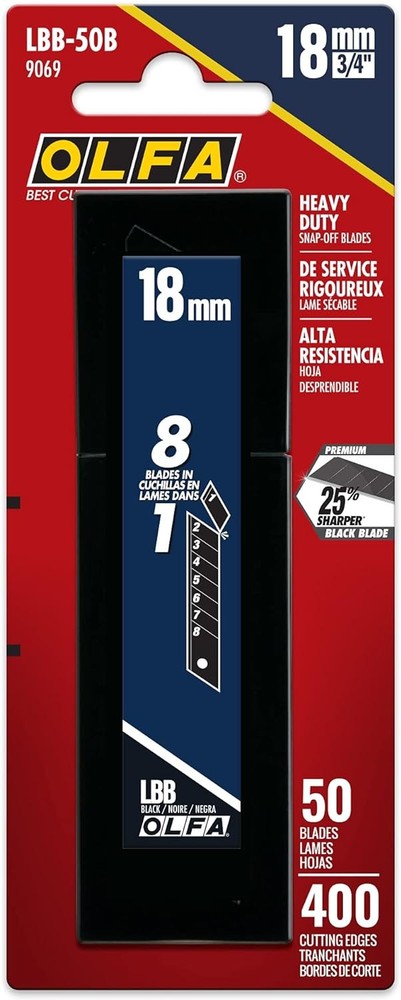 OLFA 18mm Heavy-Duty Ultra-Sharp, Snap Off Replacement Blades, 50 Black