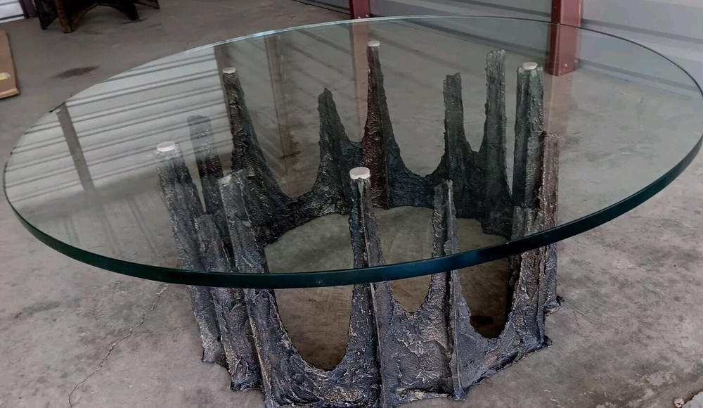 MCM BRUTALIST PAUL EVANS ABSTRACT BRONZE SCULPTURE BASE 42"GLASSTOP COFFEETABLE