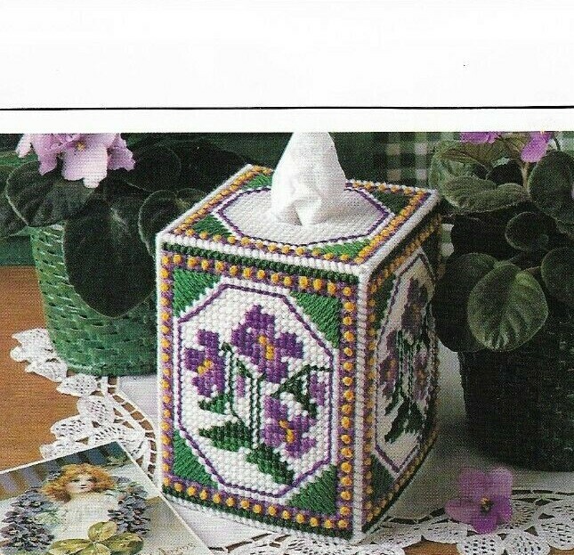 VINTAGE VIOLETS TISSUE COVER HOME DECOR PLASTIC CANVAS PATTERN INSTRUCTIONS