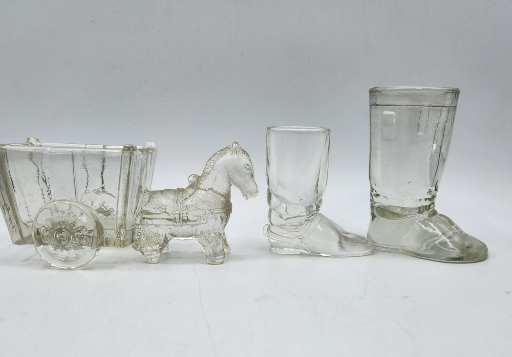3 VTG BOOT GLASS CANDY CONTAINER & HORSE With CARRIAGE