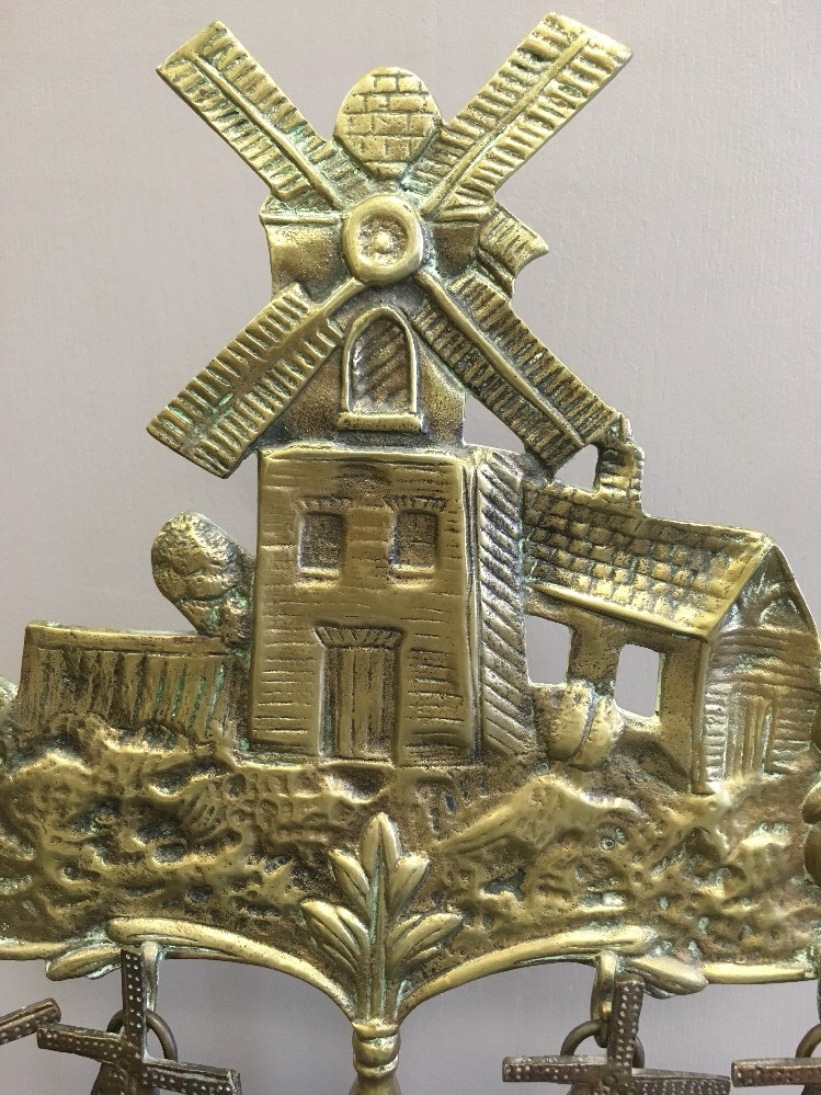 WINDMILL FIRE PLACE TOOLS ANTIQUE BRASS DUTCH 1850, CAST DESIGN