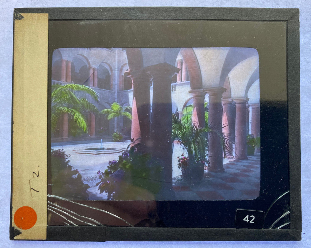 COLORED MAGIC LANTERN SLIDE SOUTH AFRICA COURTYARD 1920s