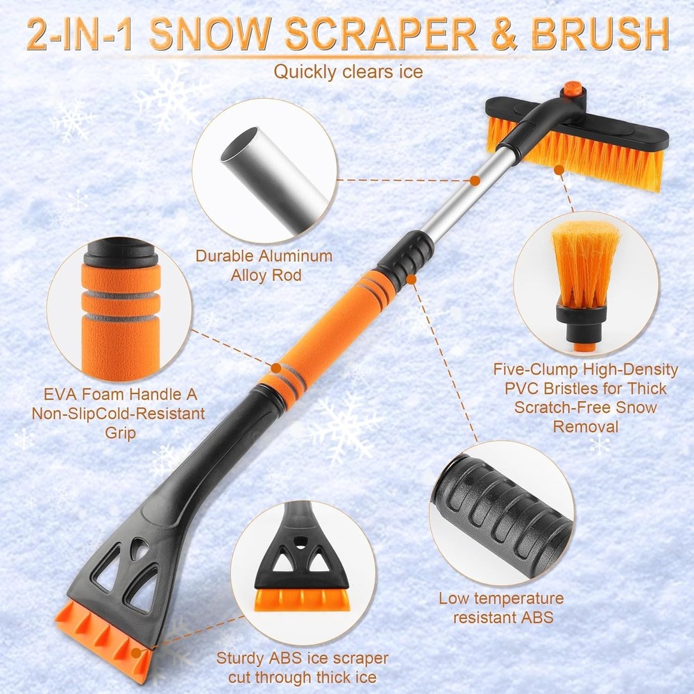 32-Inch Extendable Snow Brush & Ice Scraper with 360° Rotating Head