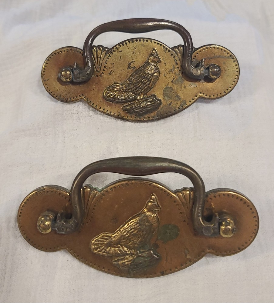 2 Vintage Ornamental Brass Drawer Pulls With Grouse Birds
