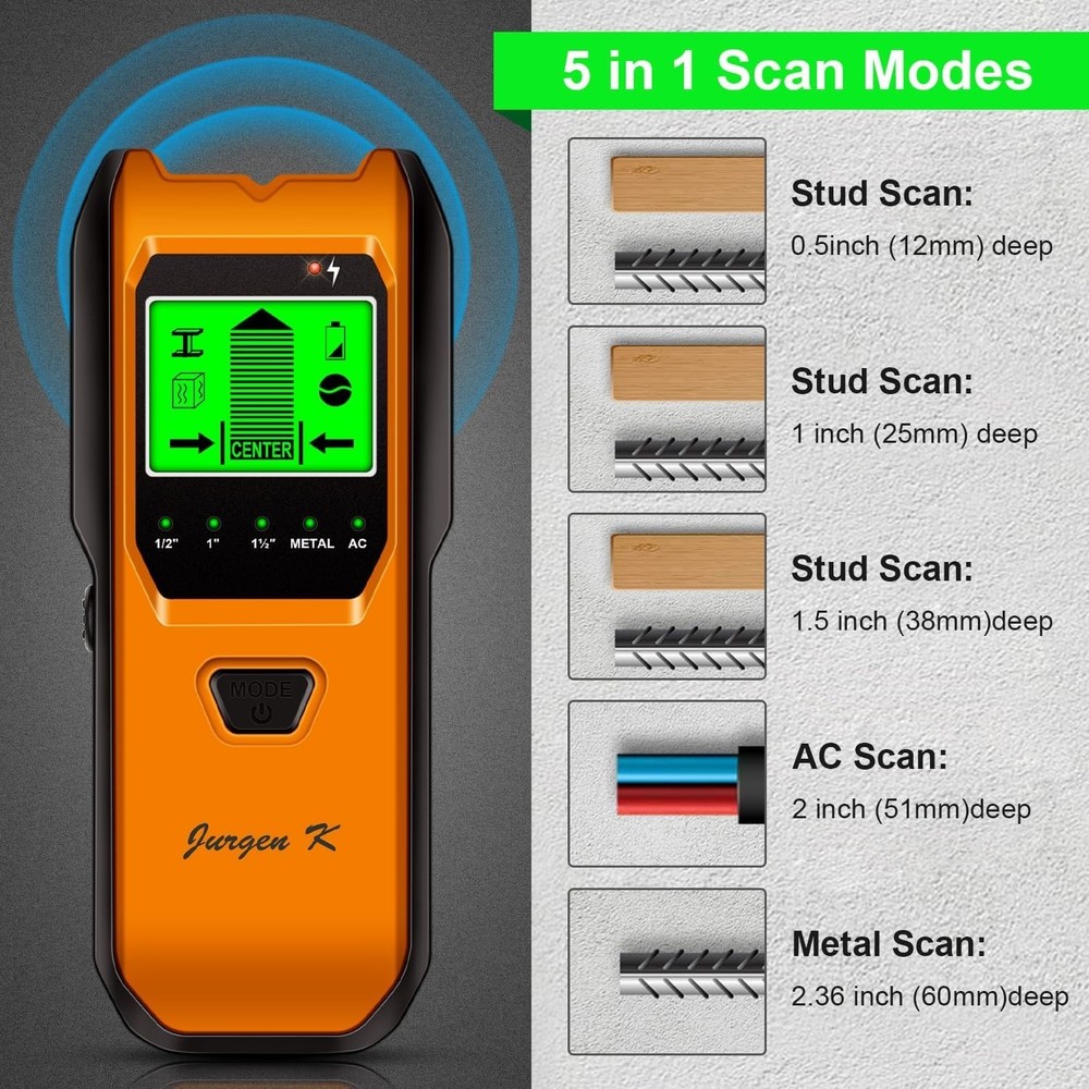 5-in-1 Stud Finder Wall Scanner with Smart Sensor & HD LCD Display - Tangerine