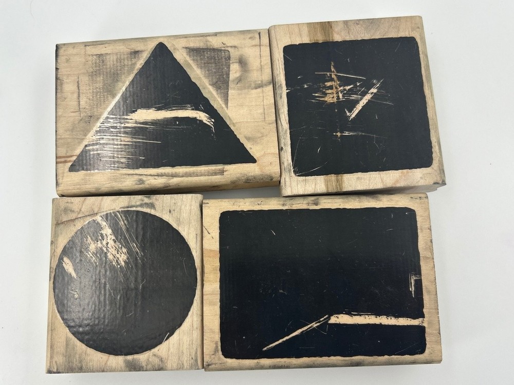Wood Mounted Rubber Stamps Shapes Circle Triangle Square Rectangle 4 Pcs