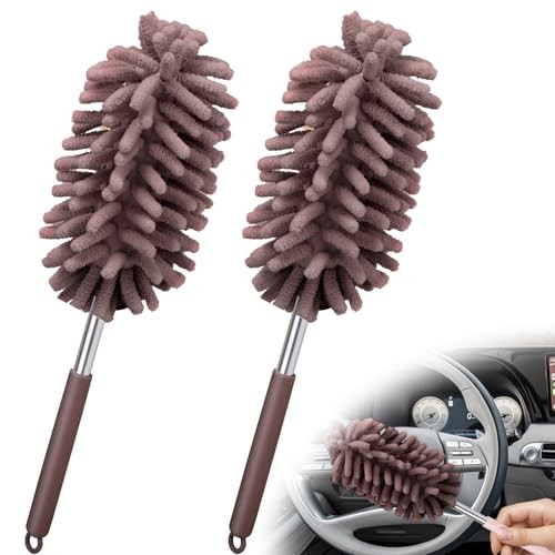 2 PCS Car Interior Duster with Extension Pole, Microfiber Car Dusters Brown