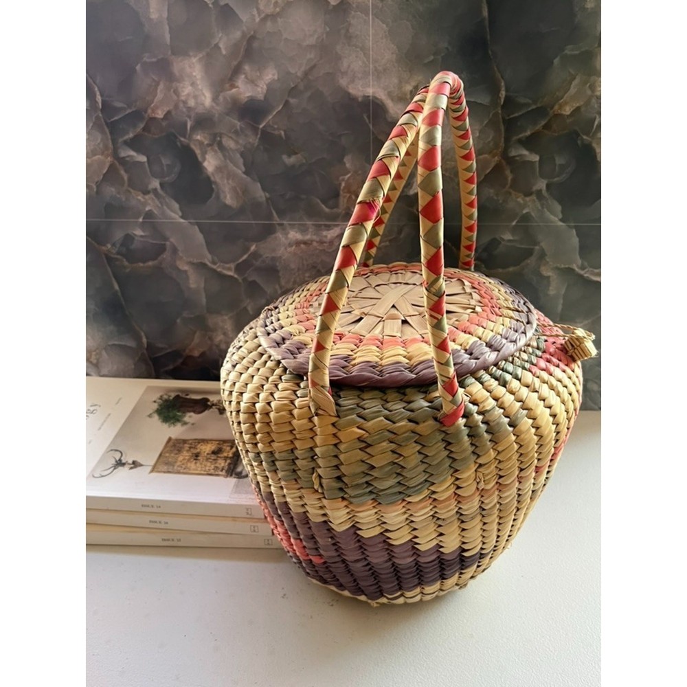 Handwoven Large Basket with Lid Double Handles