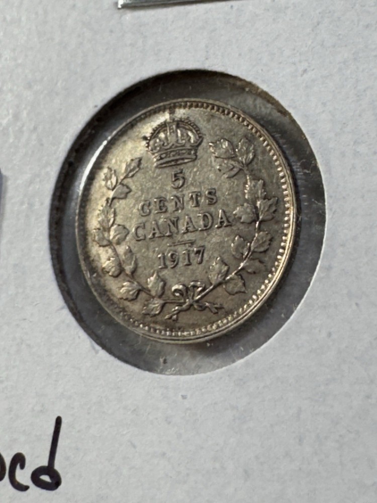 1917 Canada 5 Cents Small Silver Coin Cleaned