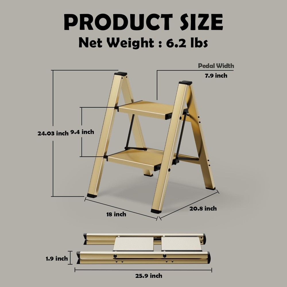 HillhutApex 2 Step Stool, Aluminum Foldable Ladder, 2 Step, Gold