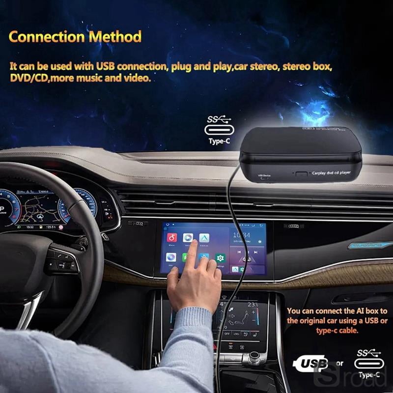Portable Car CD DVD Player With Wireless CarPlay Android Auto Adapter, AI Box