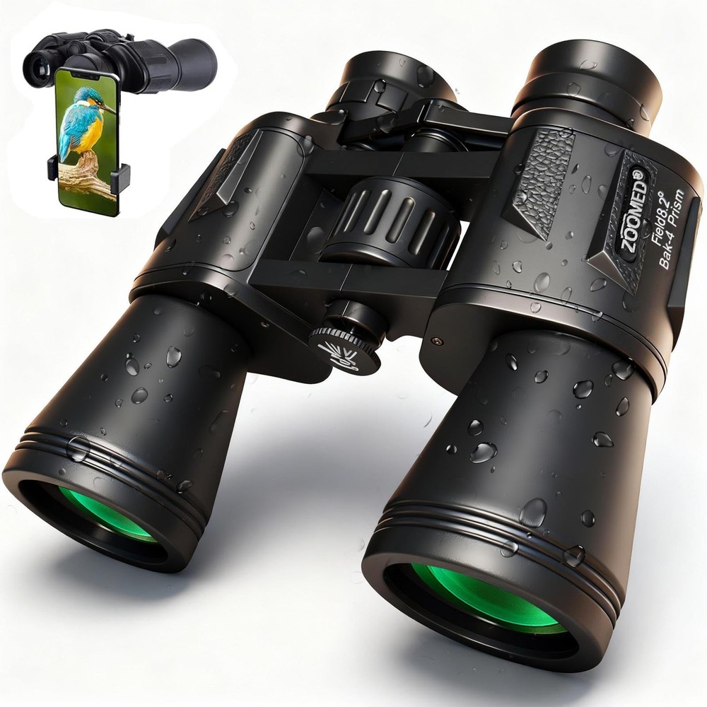 High-Powered 20x50 Binoculars with Smartphone Adapter - Waterproof Compact for B
