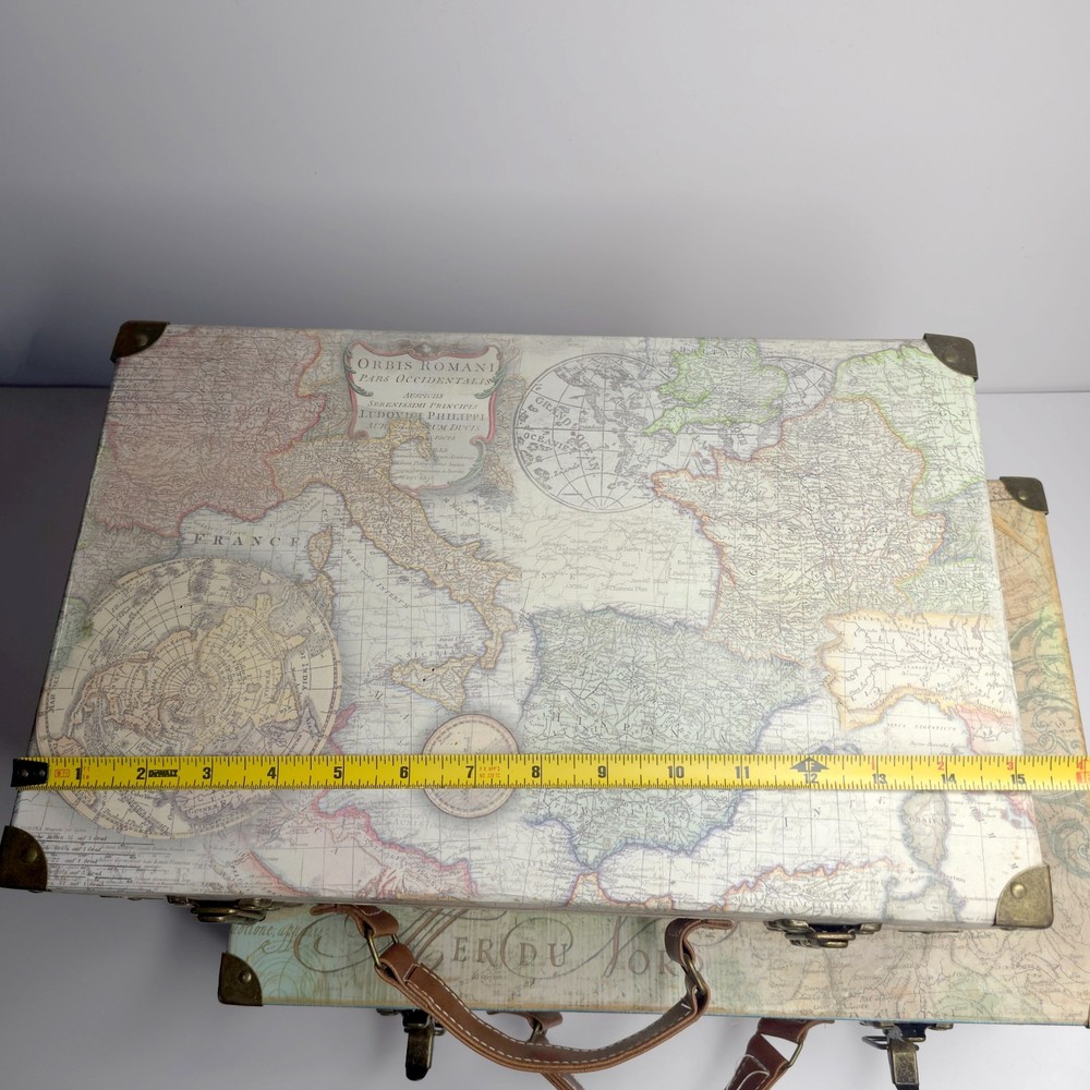 Set of 2 Vintage Map Pattern Large Decorative Storage Box W/ Handle & Latch READ