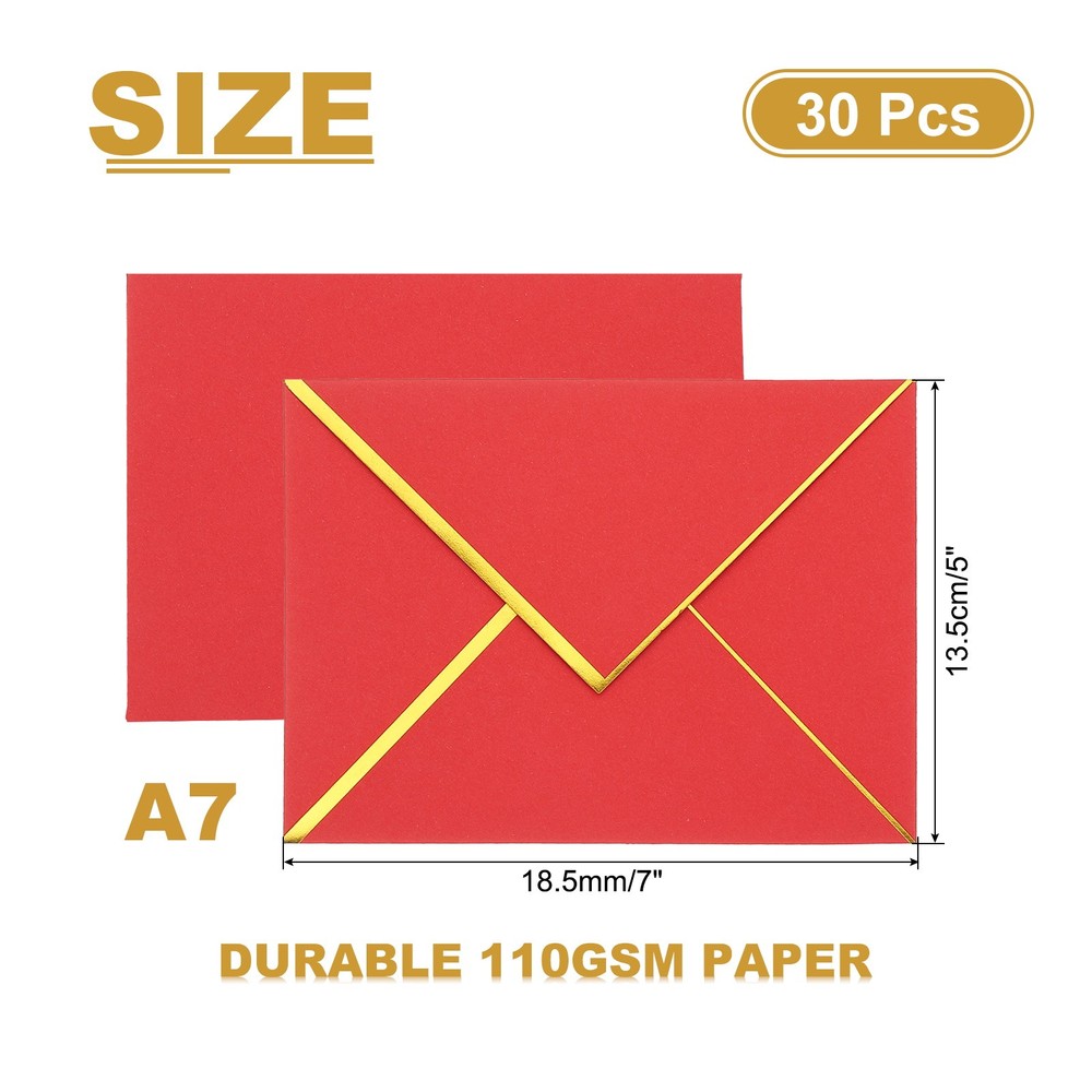 30 Pack A7 Envelope, 5x7 Card Envelope with Gold Border, Red