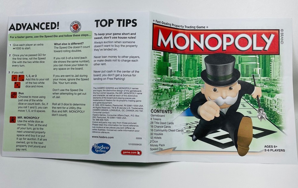 Monopoly Original Replacement Board + Instructions, Houses, Hotels, More