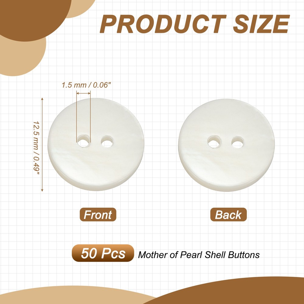 Natural Shell Button 2 Hole Shell Round Sewing Buttons 12.5 mm & 50 Pack & White