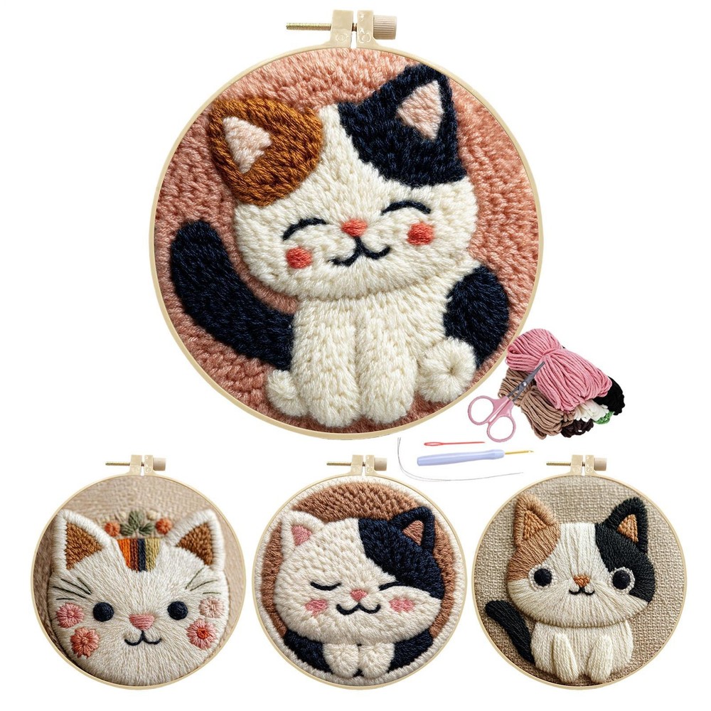 Punch Needle Kit Interactive Cute Cat Theme Embroidery Set Needle Punch
