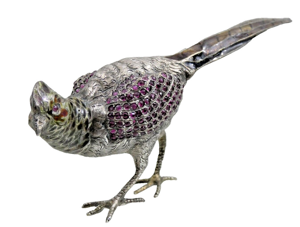 ANTIQUE AUSTRIAN Vienna SILVER ENAMEL MINIATURE BIRD PHEASANT gemset real ruby